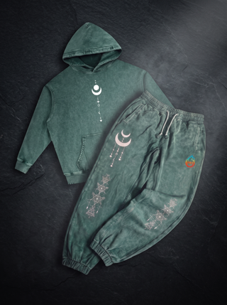 Existential Snow Wash Set, Blackish Green colorway, hoodie and joggers flat lay