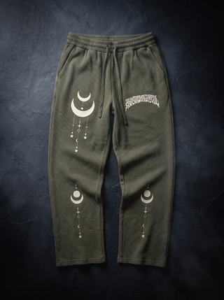 Existential Mineral Wash Waffle Knit Sweatpants, Army Green, studio flat lay v2