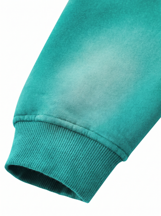 Enigma Sunfade Frayed Fleece Hoodie, teal, ribbed cuff detail