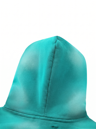 Enigma Sunfade Frayed Fleece Hoodie, teal, hood side detail