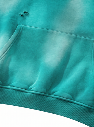 Enigma Sunfade Frayed Fleece Hoodie, teal, kangaroo pocket and hem detail