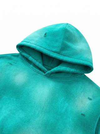Enigma Sunfade Frayed Fleece Hoodie, teal, hood front detail