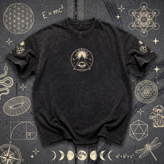 Black Celestial Synthesis snow wash oversized tee from the 3-Piece Set, front view, laid flat on chalk sacred geometry.