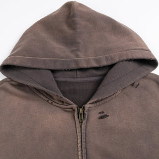Cosmic Connection Zip Hoodie hood detail with raw edge brass zipper and distressed holes