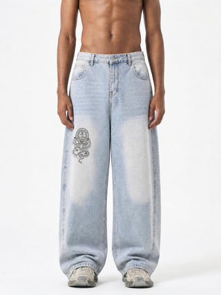 Model wearing DMT.exe light blue barrel leg jeans, full-length view