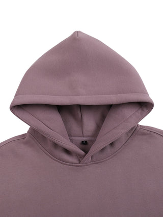 Close-up of Existential Oversize Fleeced Hoodie hood detail in mauve showing soft fleece