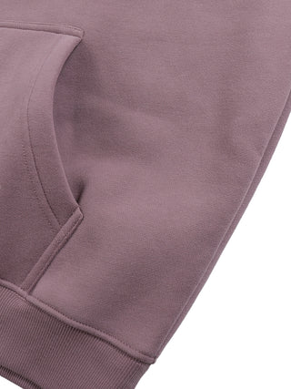 Close-up of Existential Oversize Fleeced Hoodie side seam and pocket opening detail in mauve