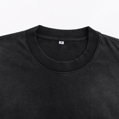 Void Eclipse sunfaded tee crew neck detail showing ribbed collar on washed black heavyweight cotton