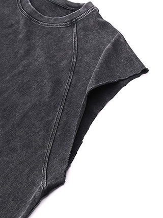 Close-up of raw hem armhole and shoulder on Dimensional Drift snow wash tank