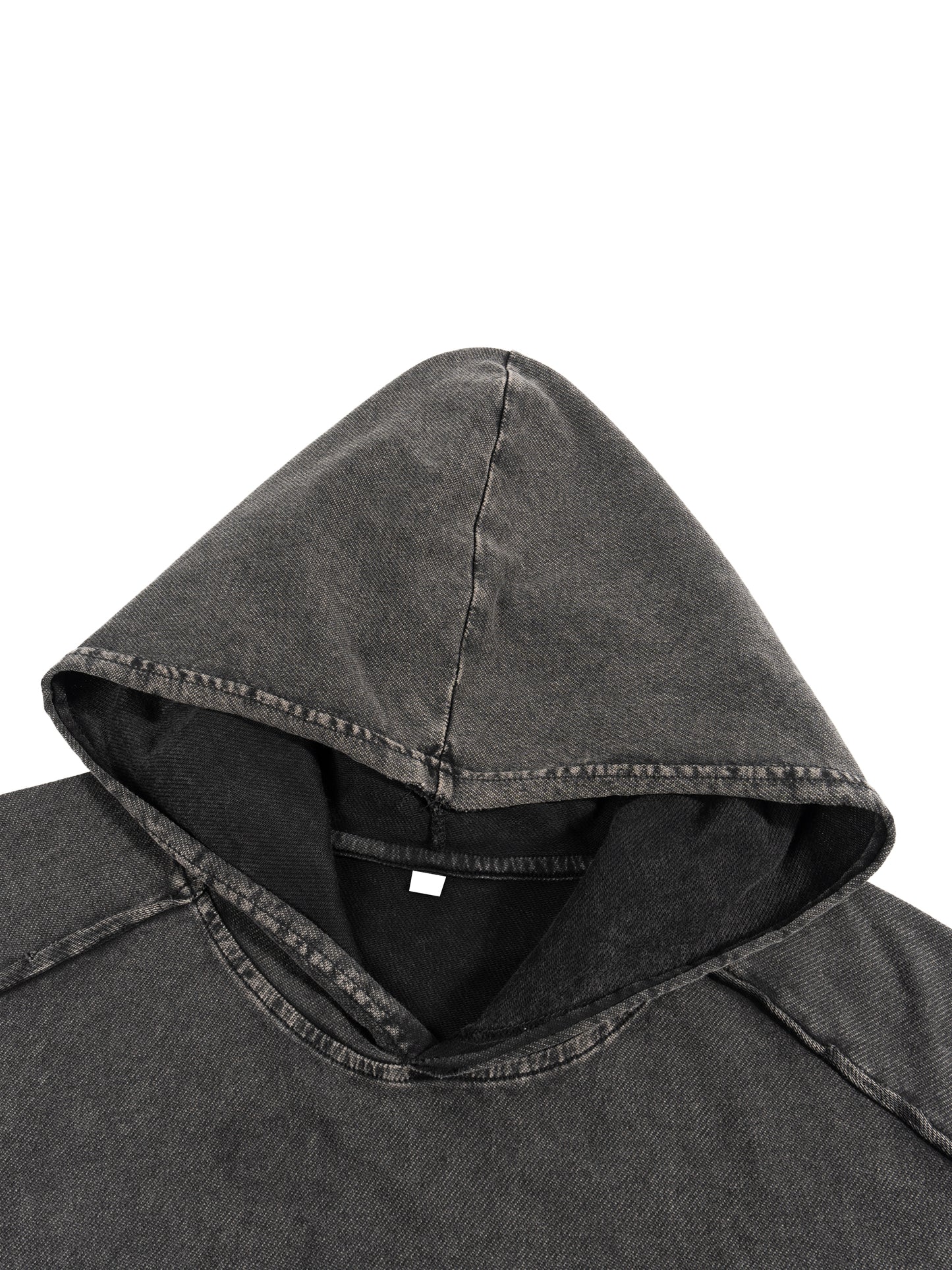 Close-up of oversized hood with black lining on Existential snow wash hooded tank