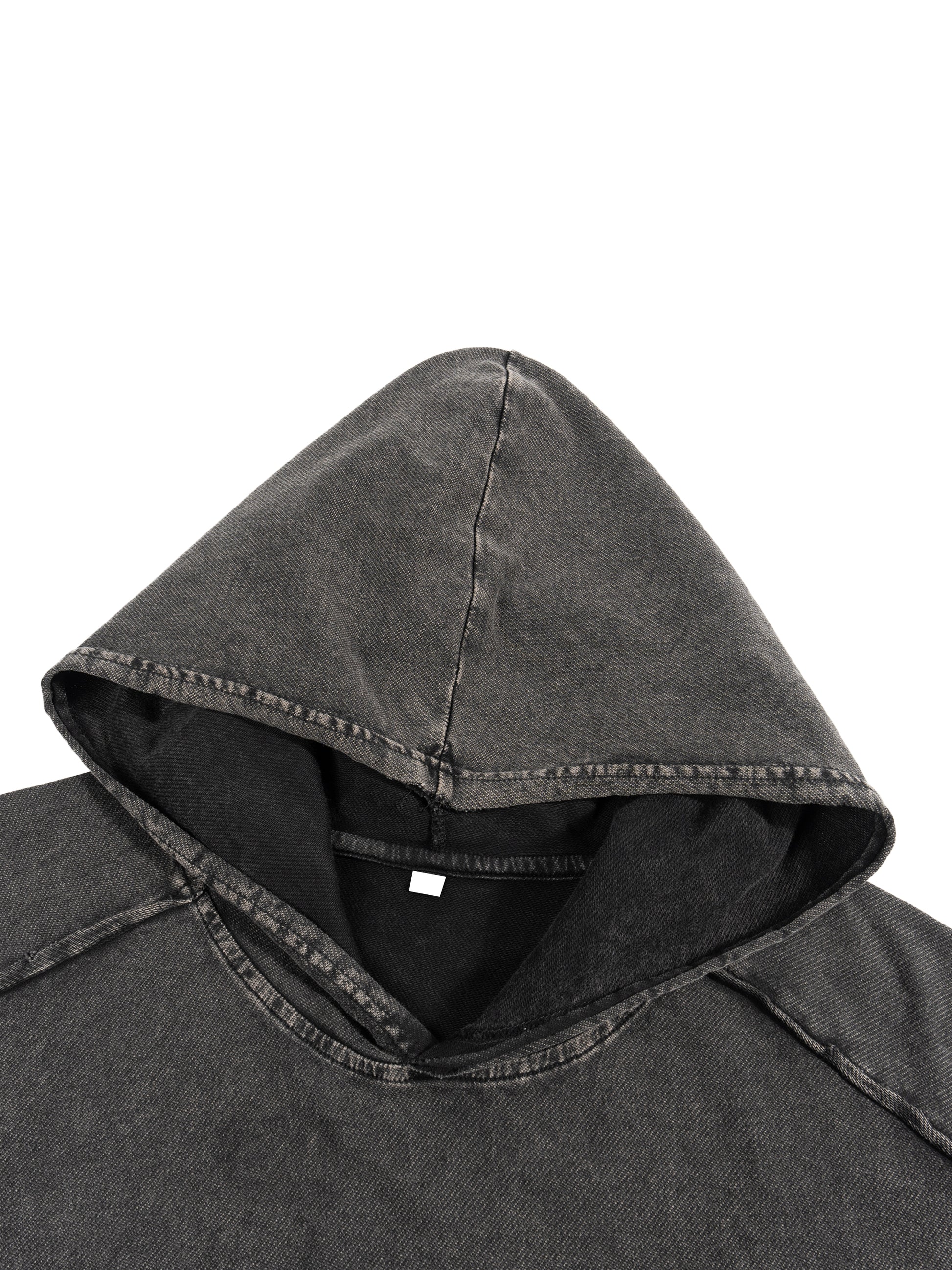 Close-up of oversized hood with black lining on Existential snow wash hooded tank