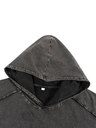 Close-up of oversized hood with black lining on Existential snow wash hooded tank