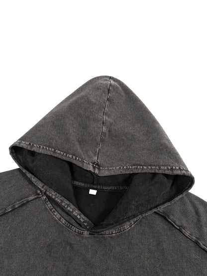 Close-up of oversized hood with black lining on Existential snow wash hooded tank