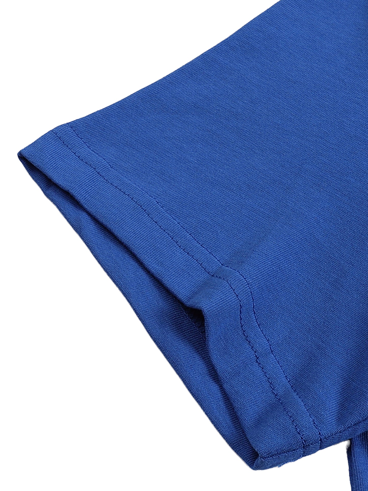 Close-up of royal blue Inner Alchemy cotton tee sleeve hem showing clean stitching detail