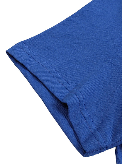 Close-up of royal blue Inner Alchemy cotton tee sleeve hem showing clean stitching detail