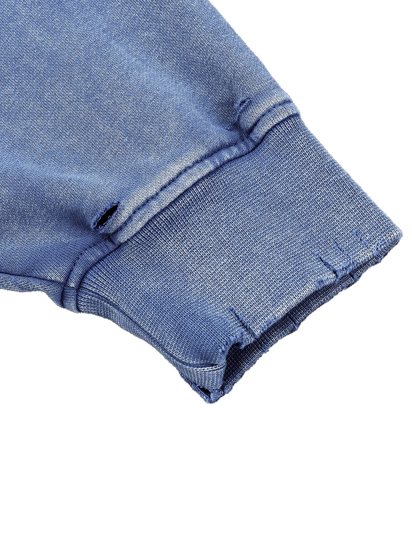 Close-up of blue Existential snow wash hoodie cuff showing hand-frayed distressed edges