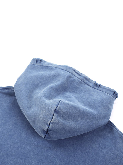 Close-up of blue Existential snow wash hoodie hood from side angle showing construction