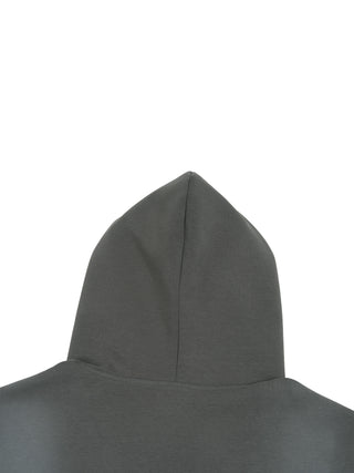 Hood of a dark gray vintage wash sleeveless hoodie seen from behind, showing the center seam.