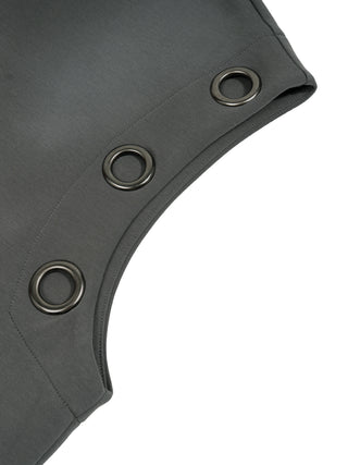 Detail of the dropped armhole on a dark gray vintage wash sleeveless hoodie, with three large metal eyelets set along the finished edge.