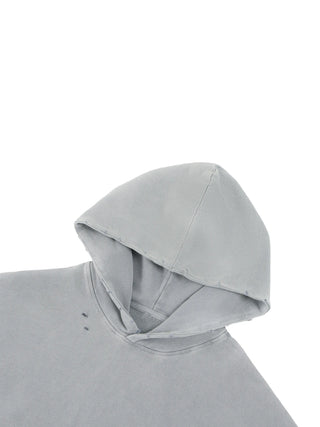 Close-up detail of the hood and drawcord on the 400 GSM mineral wash distressed hoodie