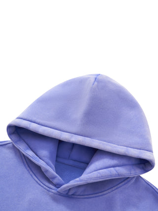 Hood detail of the PsySquatch boxy fleece hoodie in Purple, showing the hood opening and the soft fleece lining inside