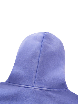 Rear hood detail of the PsySquatch boxy fleece hoodie in Purple, showing the center hood seam and the drop shoulder line