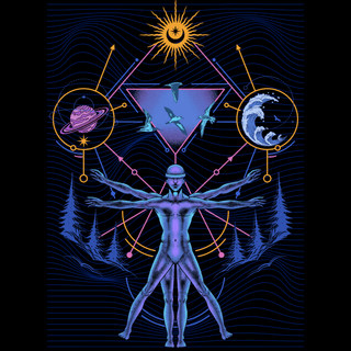 Interconnected design artwork Vitruvian Man with planets waves and sacred geometry