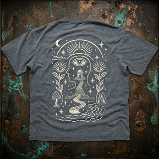 Gray Journey Within fluffy vintage washed tee, back view on weathered copper metal, printed in cream with a profile face, third eye, temple gateway and a winding path under a crescent moon.