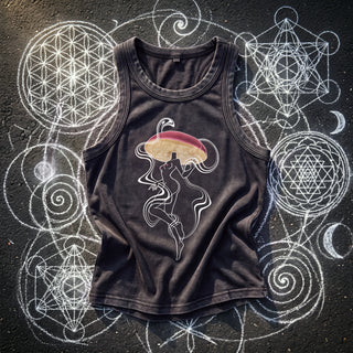 Mushroom Lady Women's Snow Washed Tank Top in Black, front view