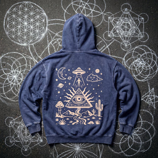 Mystic Signal Snow Washed Heavyweight Hoodie in Dark Blue, back view