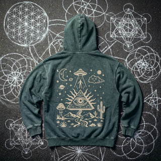 Mystic Signal Snow Washed Heavyweight Hoodie in Dark Green, back view