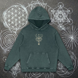 Mystic Signal Snow Washed Heavyweight Hoodie in Dark Green, front view