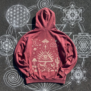 Mystic Signal Snow Washed Heavyweight Hoodie in Dark Red, back view