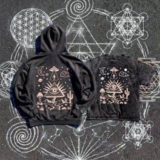 Mystic Signal Snow Wash Heavyweight Set, black hoodie and matching black tee side by side, back view