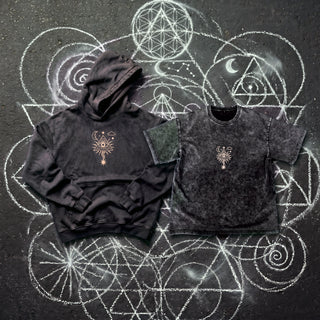 Mystic Signal Snow Wash Heavyweight Set, black hoodie and matching black tee side by side, front view
