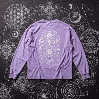 Back of the Paradigm acid wash oversized long sleeve tee in Purple, styled on dark asphalt covered in white chalk sacred geometry, showing an arched panel of stacked mystical faces with third eyes.