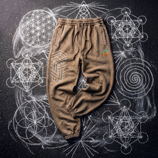 Paradigm heavyweight snow wash joggers in warm khaki Brown, front view, laid on dark asphalt covered in white chalk sacred geometry, showing the white impossible-geometry cube print on the thigh, the pH logo on the hip, the drawcord waistband and ribbed ankle cuffs.