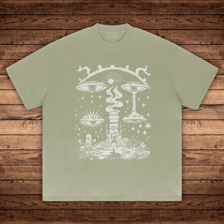Gray green Paradoxical Perspective Absurdly Heavyweight tee with white surreal mushroom eye floating eyes and stars