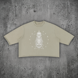 Paradigm mineral wash raw-hem sweater tee in apricot, 330 GSM heavyweight boxy cotton with psychedelic print, styled on a concrete backdrop