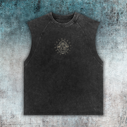 Front view of the Nocturnal Architect 275 GSM heavyweight snow wash tank top, showcasing the architectural forward shoulder seam and circular visionary mushroom emblem.