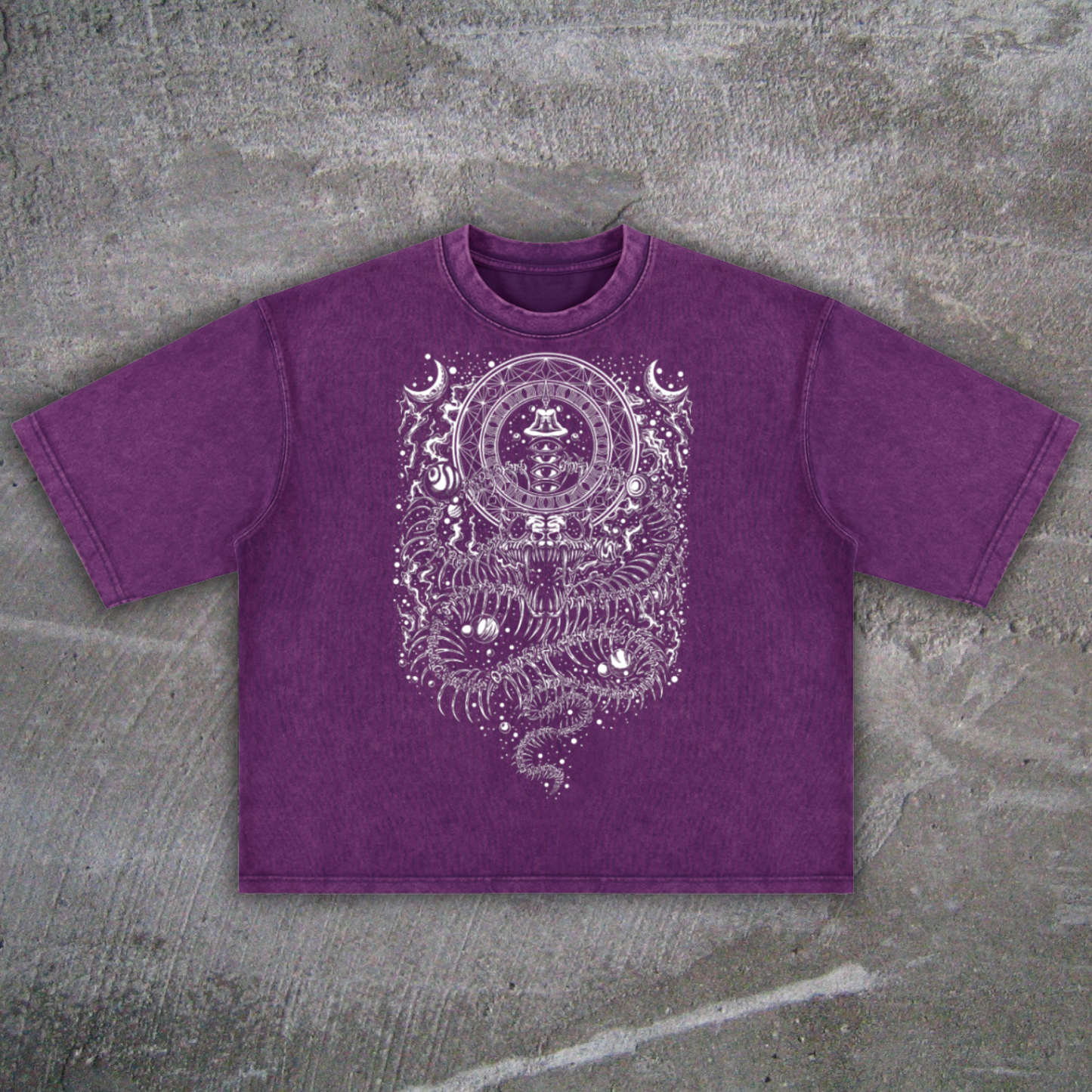 Front flat lay view of the DMT.exe 360 GSM ultra-heavyweight mineral wash boxy t-shirt, featuring a wide cropped streetwear fit and intricate white psychedelic snake and entity visionary art.