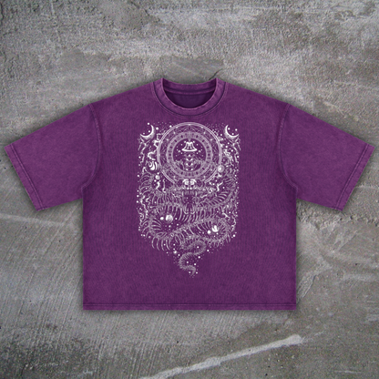 Front flat lay view of the DMT.exe 360 GSM ultra-heavyweight mineral wash boxy t-shirt, featuring a wide cropped streetwear fit and intricate white psychedelic snake and entity visionary art.