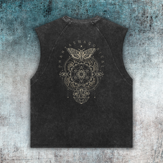 Back view of the Nocturnal Architect streetwear sleeveless tee, featuring a highly detailed, Phantasmagorical graphic of a moth, sacred geometry, and mushrooms.