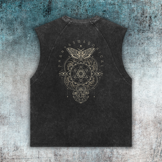 Back view of the Nocturnal Architect streetwear sleeveless tee, featuring a highly detailed, Phantasmagorical graphic of a moth, sacred geometry, and mushrooms.