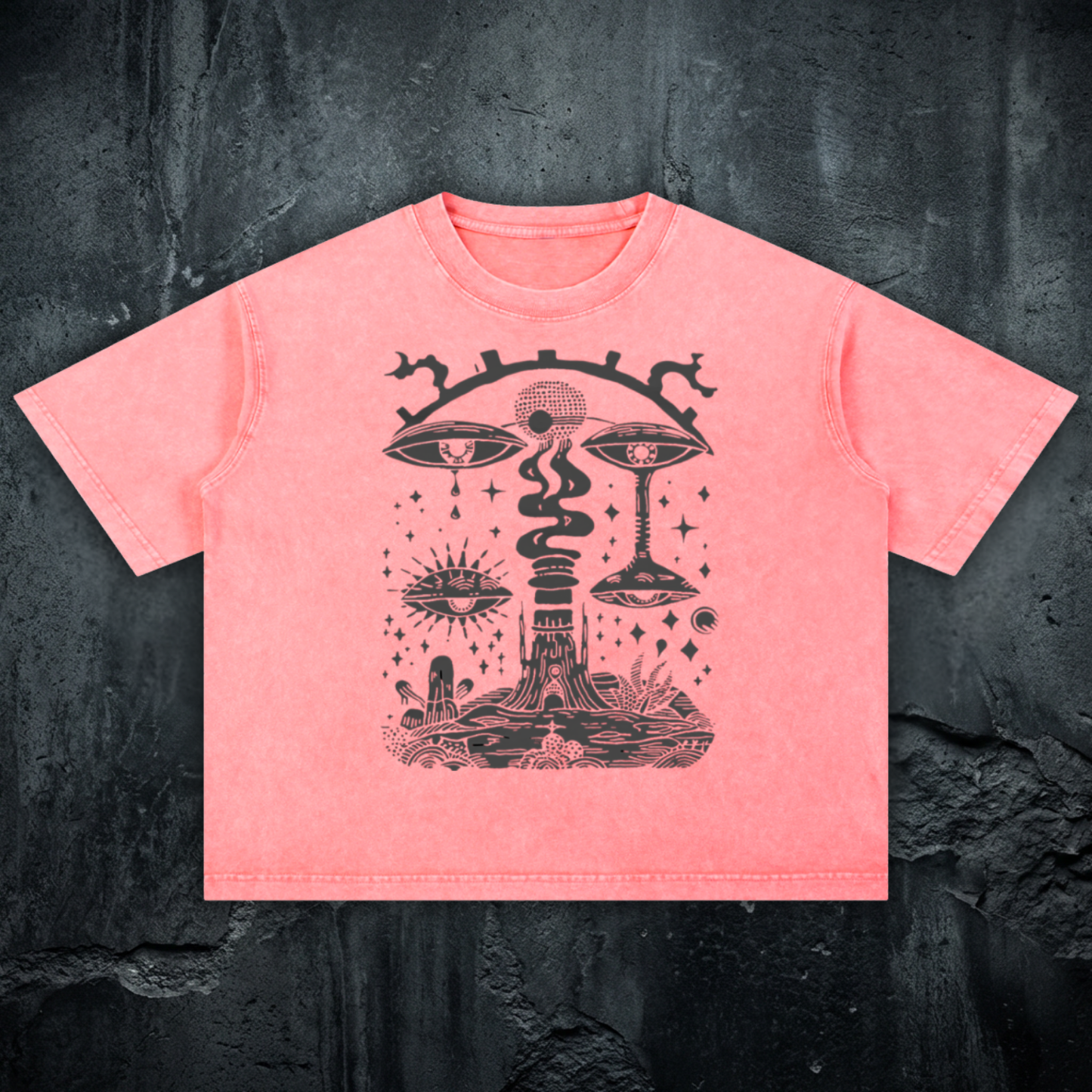 Front flat lay view of the Paradoxical Perspective 275 GSM heavyweight boxy t-shirt in a vibrant coral mineral wash, featuring intricate black surrealist visionary art of eyes and esoteric geometry.