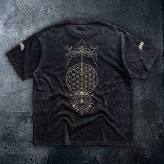 Back of the Existential hand-frayed vintage wash tee in vintage black gray, printed in white with a dragonfly over a dotted triangle, a Flower of Life circle and an all-seeing eye mandala, with embroidered Phantasmagorical wordmarks on both sleeves