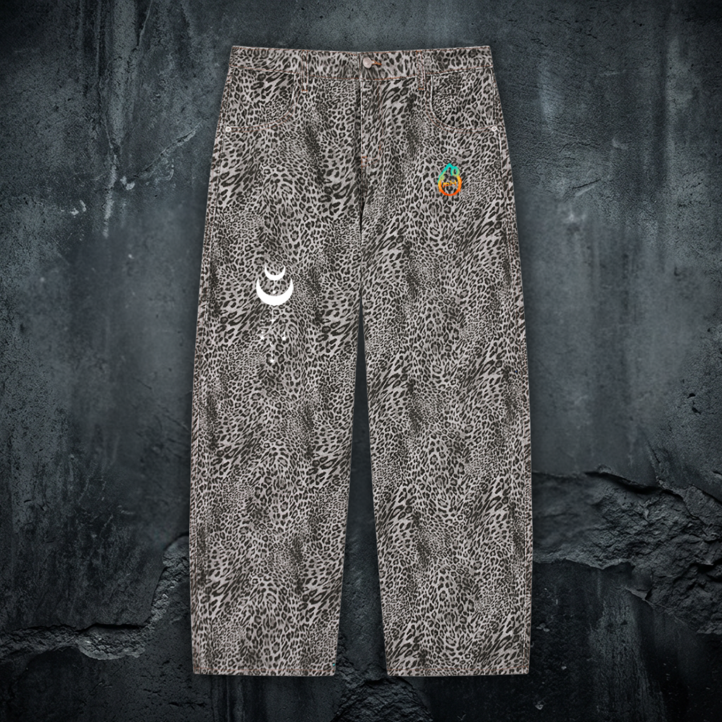 Existential - Unisex Vintage Wash Leopard Wide Leg Jeans