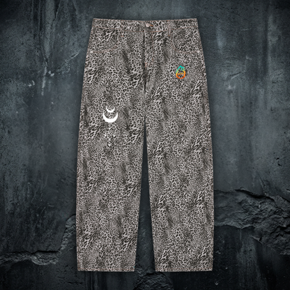 Existential - Unisex Vintage Wash Leopard Wide Leg Jeans