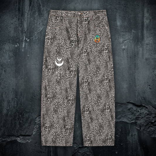 Existential - Unisex Vintage Wash Leopard Wide Leg Jeans