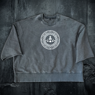 Paradigm mineral wash boxy raw-edge tee in gray blue, 310 GSM cotton with a relaxed short-sleeve fit
